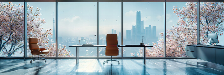 Wall Mural - Modern Office Space with Panoramic City Views, Featuring Sleek Design and Minimalist Furniture