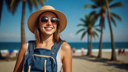 Happy young tourist woman wearing beach hat, sunglasses and backpacks going to travel on holidays on blue background. Sunny day sunshine 