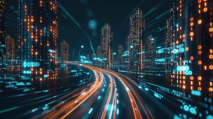 Wall Mural - 3d rendering of abstract highway path through digital binary towers in city. concept of big data, ma