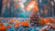   A pine cone atop a mound of vibrant leaves - a forest scene comprised of blue and orange hues