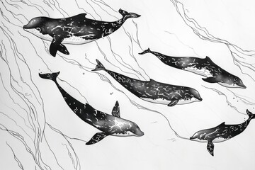 Sticker - A group of whales swimming in the ocean. Suitable for marine life concepts