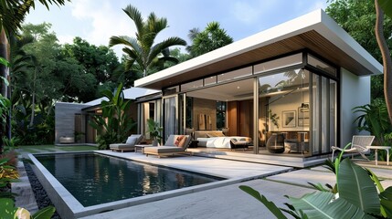 Wall Mural - Exterior and interior design of a tropical pool villa with a lush green garden and bedroom, showcasing the home or house building.