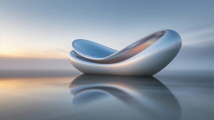 Poster -   A large white object sits atop a table, facing a body of water during sunset