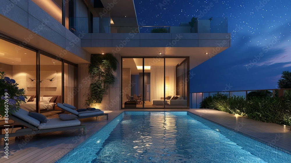 Luxurious interior and exterior design showcase a villa with a pool ...