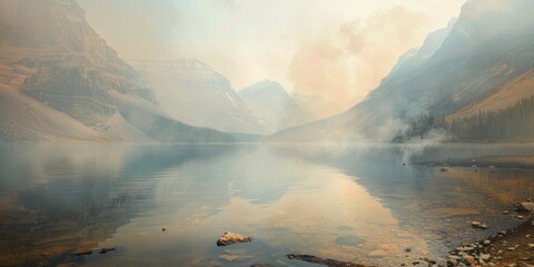 Poster - Scenic view of a mountain lake with a backdrop of towering peaks. Ideal for travel and nature themes