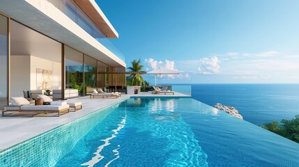 Wall Mural - Rendering depicts a summer scene of relaxation, with sunbathing deck and private swimming pool offering panoramic sea views at a luxury house.