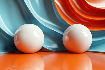 Wall Mural - rendered image of pristine white spheres set against swirling orange and teal curves, highlighting a