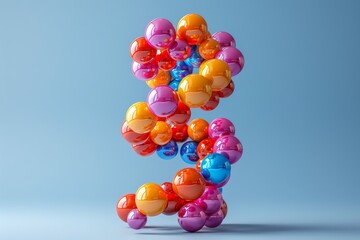 A vibrant 3D A letter made of multicolored spheres on a blue background