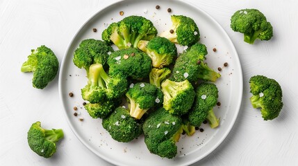 Wall Mural - A photograph showcasing steamed broccoli arranged neatly on a white plate, set against a clear background with no distractions, captured from a top-down perspective, emphasizing food presentation.