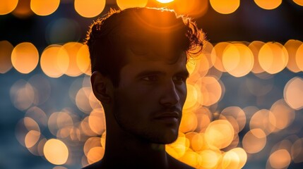 Wall Mural -   A tight shot of a man's face against a backdrop of softly blurred lights