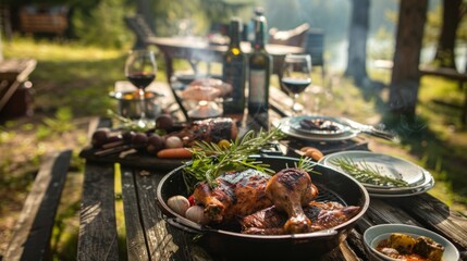 Poster - A rustic outdoor setting with a table set for a barbecue feast featuring tender grilled chicken.