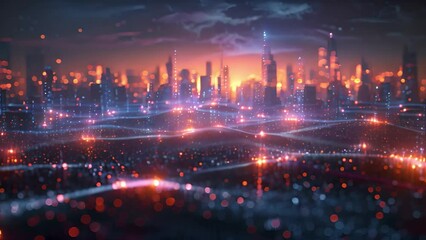 Leinwandbilder - Dazzling urban skyline with glowing digital waves symbolizing data transfer.