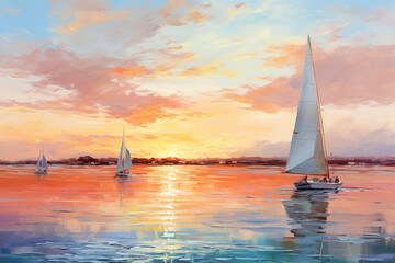 Wall Mural - Sailboats gliding across calm waters as the sun sets in the distance, painting the sky with pastel hues, isolated on solid white background.