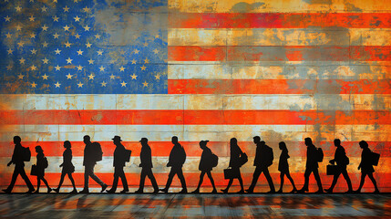 A group of people are walking across a wall with the American flag behind them