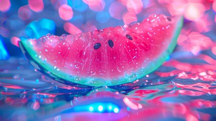 Wall Mural -   A watermelon slice on a blue backdrop, illuminated by pink and blue lights