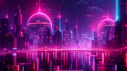 Poster - A vibrant futuristic city at night, illuminated by colorful neon lights, creating a dazzling and modern urban landscape.