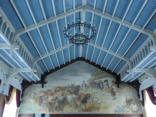 Ancient German fresco under the roof of the school building in Gusev, former Gumbinnen