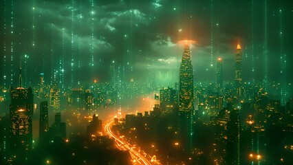 Fototapete - Elevated view of a vibrant futuristic city with neon lights and skyscrapers.