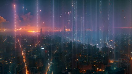 Poster - Futuristic skyline glows with neon lights at twilight.