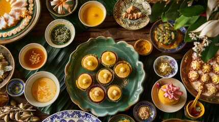 A traditional Thai dessert spread with 'Khanom Mor Kaeng,' sweet custard in intricate molds.