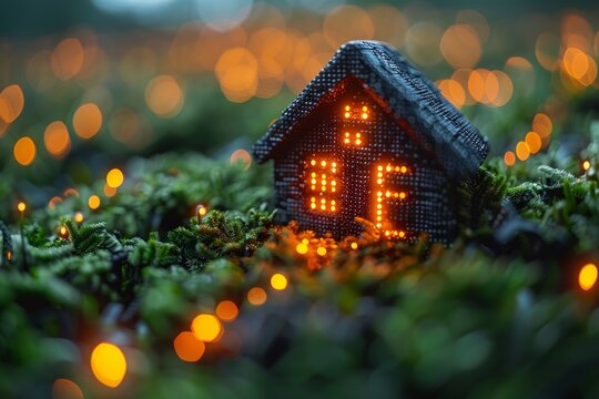 A charming miniature house set amidst a vibrant backdrop of greenery illuminated by enchanting bokeh lights, evoking a sense of warmth and comfort