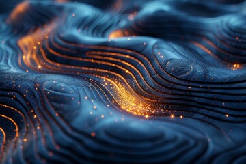 Wall Mural - a stunning digital artwork featuring abstract blue waves with golden sparkles resembling a cosmic oc