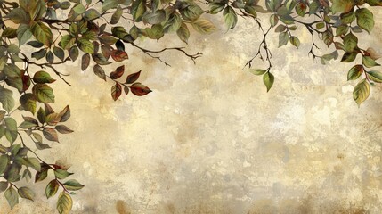 a tree branch painting against a beige backdrop, adorned with verdant leaves incorporate text or an 