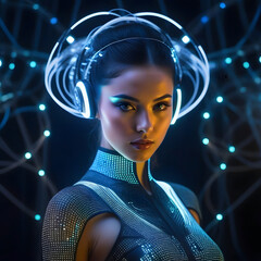 Wall Mural - Аrtificial intelligence in human form, cyborg girl, futuristic design.