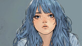 Fototapeta  - illustration of a young woman with blue hair without showing any expression