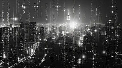 Fototapete - Black and white smart city with data communication flow network, communication technology concept
