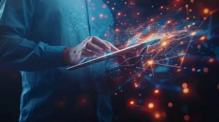 Fototapete - Businessman holding the tablet digital screen, digital layer effect, business strategy analytic concept, Big data, Cloud computing, data-driven organization.AI,Marketing in the Metaverse,marketing 6.0