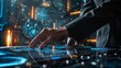 © Plaifah - Businessman in suit working with virtual 3d holographic interface screens . Futuristic business, technology, internet and social networking technology concept .