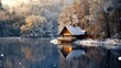 Wooden lake house at winter