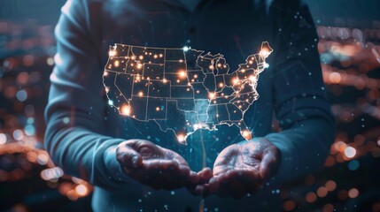 Poster - Businessman on blurred background using globe network hologram with America Usa map 3D rendering