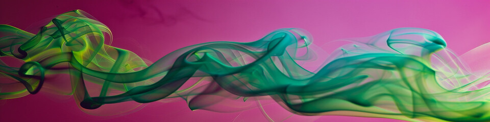 Wall Mural - Misty green smoke abstract background rises gently from a vibrant magenta background.