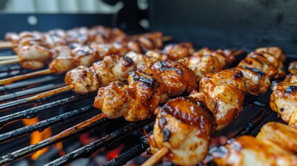 Wall Mural - Close-up of juicy grilled chicken skewers, fresh off the barbecue and ready to be savored.