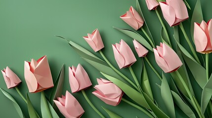 Wall Mural - Capture the essence of Mother s Day or Women s Day with a decorative idea featuring handmade pink paper tulips set against a vibrant green backdrop creating a captivating decoration concept