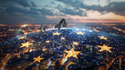 Poster - Communication technology with global internet network connected in Europe. Telecommunication and data transfer european connection links. IoT, finance, business, blockchain, security.