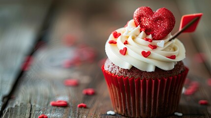 Wall Mural - A Valentine s Day cupcake adorned with sugar hearts and a cupid arrow sits beautifully on a wooden table