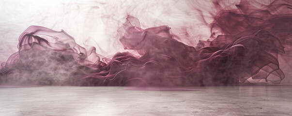 Wall Mural - Rich maroon smoke abstract background hovers over a light silver floor.