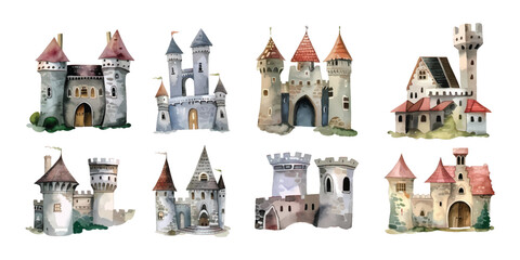 set collection of various hand drawn watercolor painted artistic castles, historical fortification,f