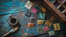 Philatelic Display Of Vintage Stamps On Wooden Table.