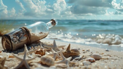 Wall Mural - Message in a bottle on the beach with starfish and seashells