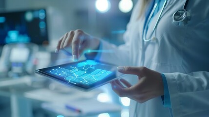 female doctor touching a tablet displaying the patient's data hologram, concept of electronic medical information and futuristic technology in health care