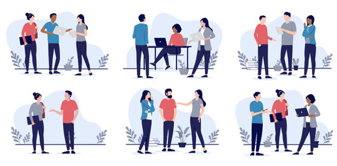 Poster - People working and talking together in office collection - Set of vector illustrations with groups of businesspeople communication and discussing at work. Flat design with white background
