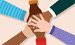 Diversity illustration - Group of diverse hands coming together in unity and solidarity stacking on top of each other. All for one concept in flat design