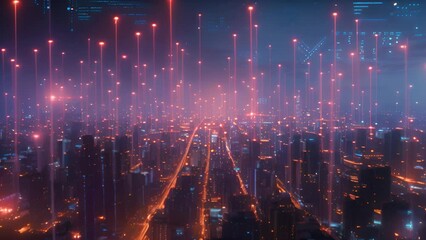Fototapete - A city skyline bathed in neon lights and digital overlays, symbolizing connectivity.