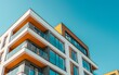 Modern apartment building exterior with a blue sky background, real estate photography, architecture photography, brown and white colors Generative AI