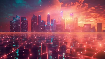 Poster - Sunset over a cityscape with a glowing digital grid, suggesting advanced technology.