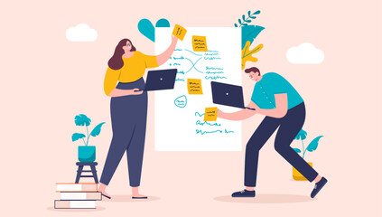 Fototapete - Workshop work - Two businesspeople in office at work using sticky notes and white board in creative work process making plans, ideas and brainstorming together in flat design vector illustration